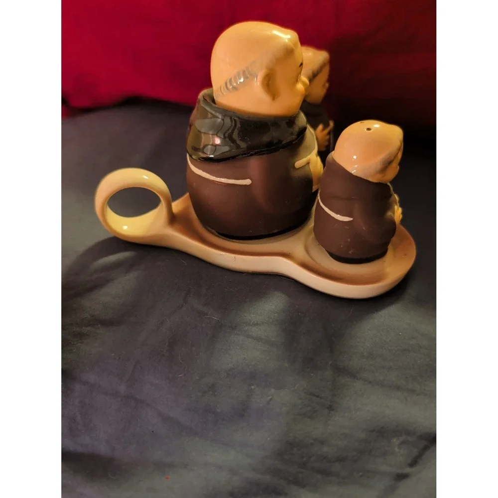 VINTAGE SALT, PEPPER, SUGAR W/ STAND COMPLETE MONK SET - WEST GERMANY Goebel.